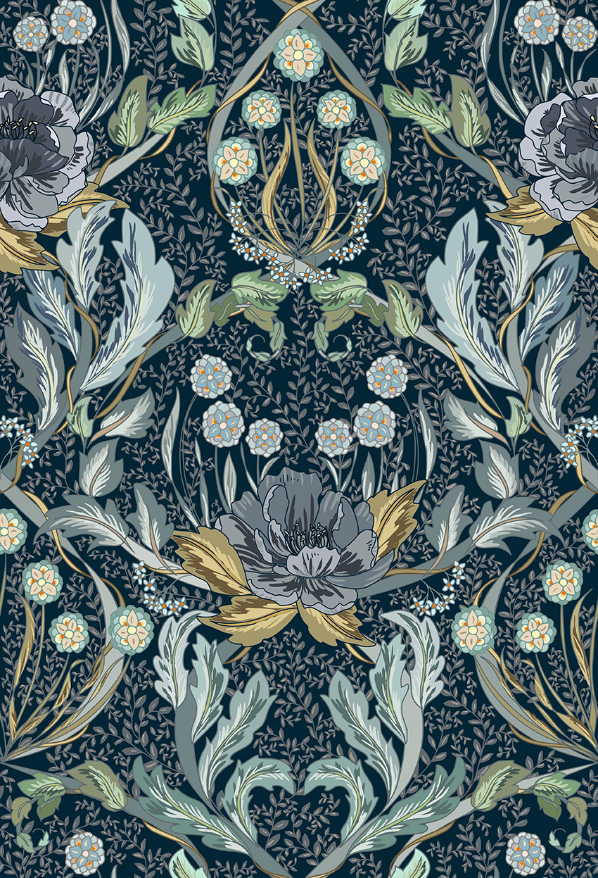 Floral Heritage Morris Blue peel and stick wallpaper room mockup